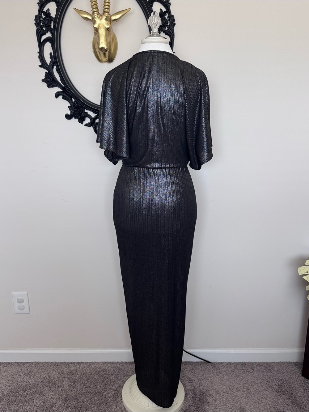 ASOS Dark Silver Black Metallic Wrap Kimono Maxi Dress - Picture 8 of 11